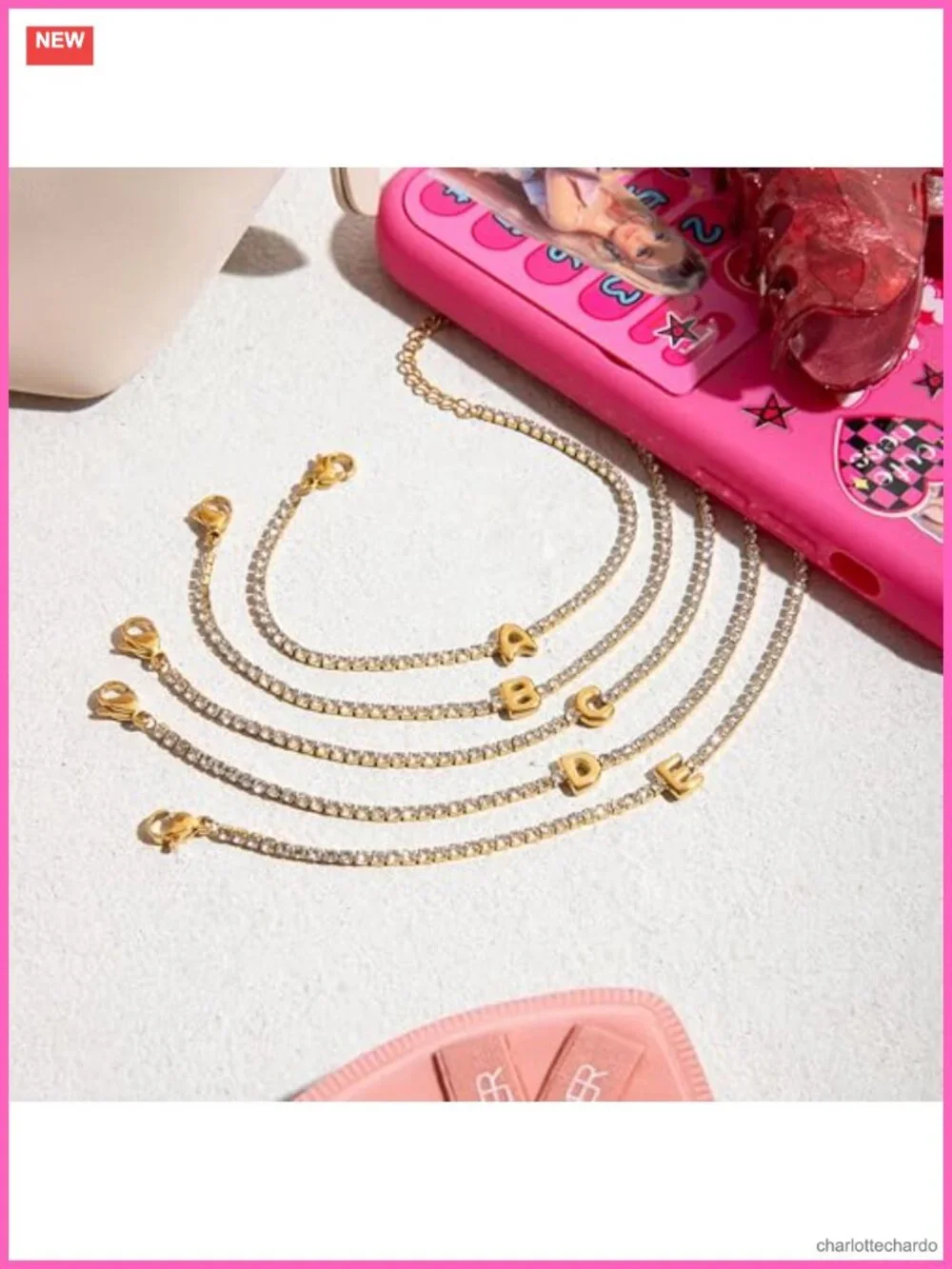 Gold Initial Charm Bracelet Link Rhinestone Women